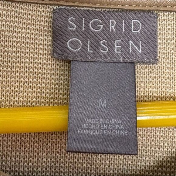 Sigrid Olsen Silk Blend Leather Trim Long Sleeve Crew Neck Cardigan, Size M - Picture 3 of 6